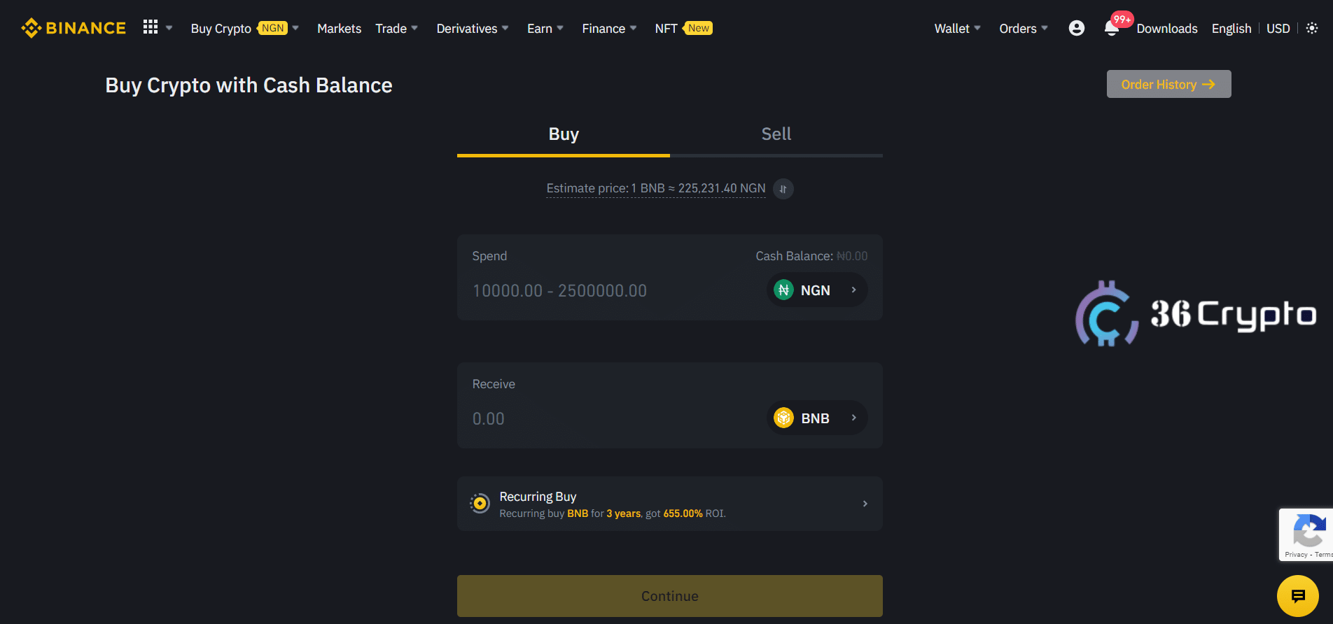 buy bnb with Cash Balance on binance