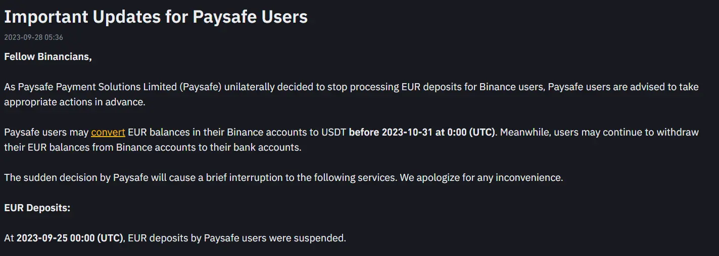 Binance Encourages Users to Convert Euro to USDT as Partnership With Paysafe Ends
