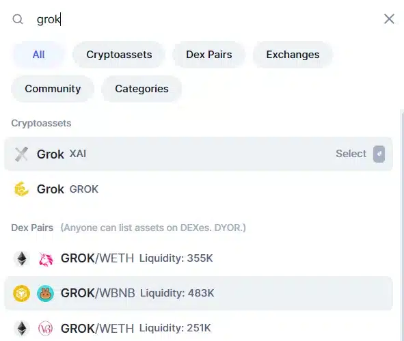 Grok search on coinmarketcap