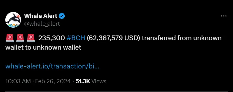 Over 230k Bitcoin Cash (BCH) Tokens Transferred Between Unknown Wallets