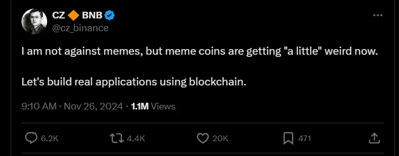 Binance CZ Calls Memecoins "Weird," Pushes for Real Blockchain Applications 1 Binance CZ Calls Memecoins "Weird," Pushes for Real Blockchain Applications