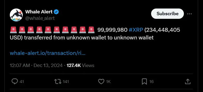 xrp transfer whale alert