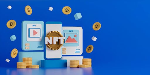  3D NFT trading concept with digital assets and Bitcoin coins