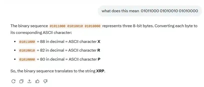XRP Big Update? Uphold’s ‘01011000 01010010 01010000’ Message Sparks Reaction 1 grok binary xrp breakdown
