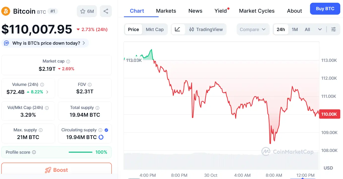 Bitcoin price chart showing decline after whale activity