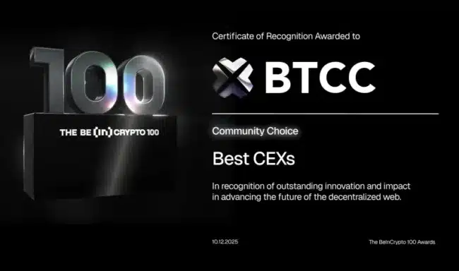 BTCC Exchange Wins Best Centralized Exchange (Community Choice) at BeInCrypto 100 Awards 2025 1 BTCC Best Centralized Exchange Winner Certificate 17655232465oKPSRdCS2