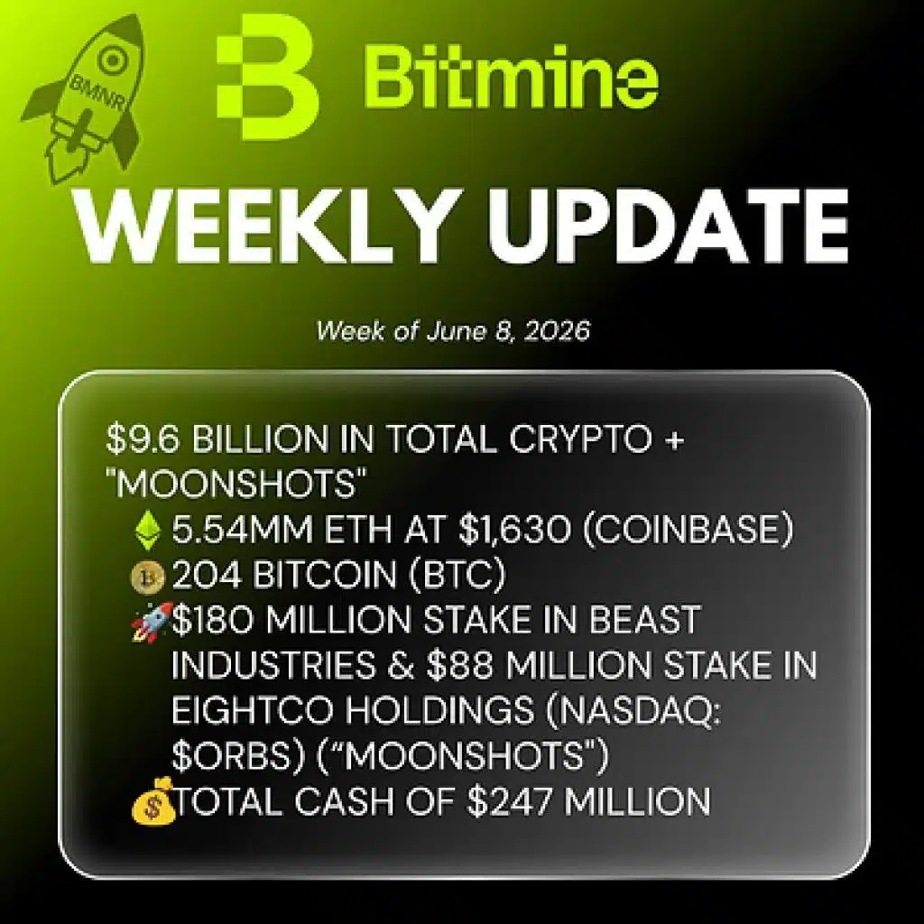 Bitmine Immersion Technologies (BMNR) Announces ETH Holdings Reach 5.54 Million Tokens, and Total Crypto and Total Cash Holdings of $9.6 Billion