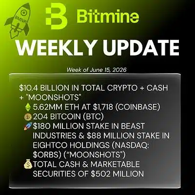 Bitmine Immersion Technologies (BMNR) Announces ETH Holdings Reach 5.62 Million Tokens, and Total Crypto and Total Cash Holdings of $10.4 Billion 1 BITMINE Weekly Update 1781527504eXdPOC22bn