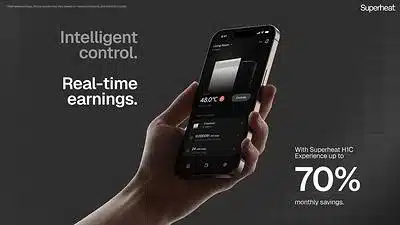 The Superheat app allows homeowners to monitor water temperature, system performance, energy usage, and Bitcoin generation in real time.