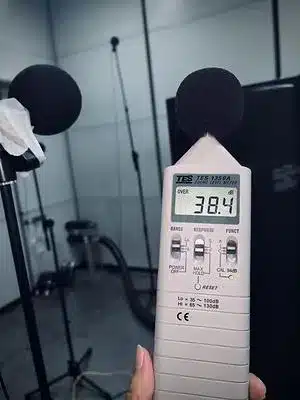 The Superheat H1C measured 38.4 dB(A) during water heating in laboratory acoustic testing, comparable to a quiet library.