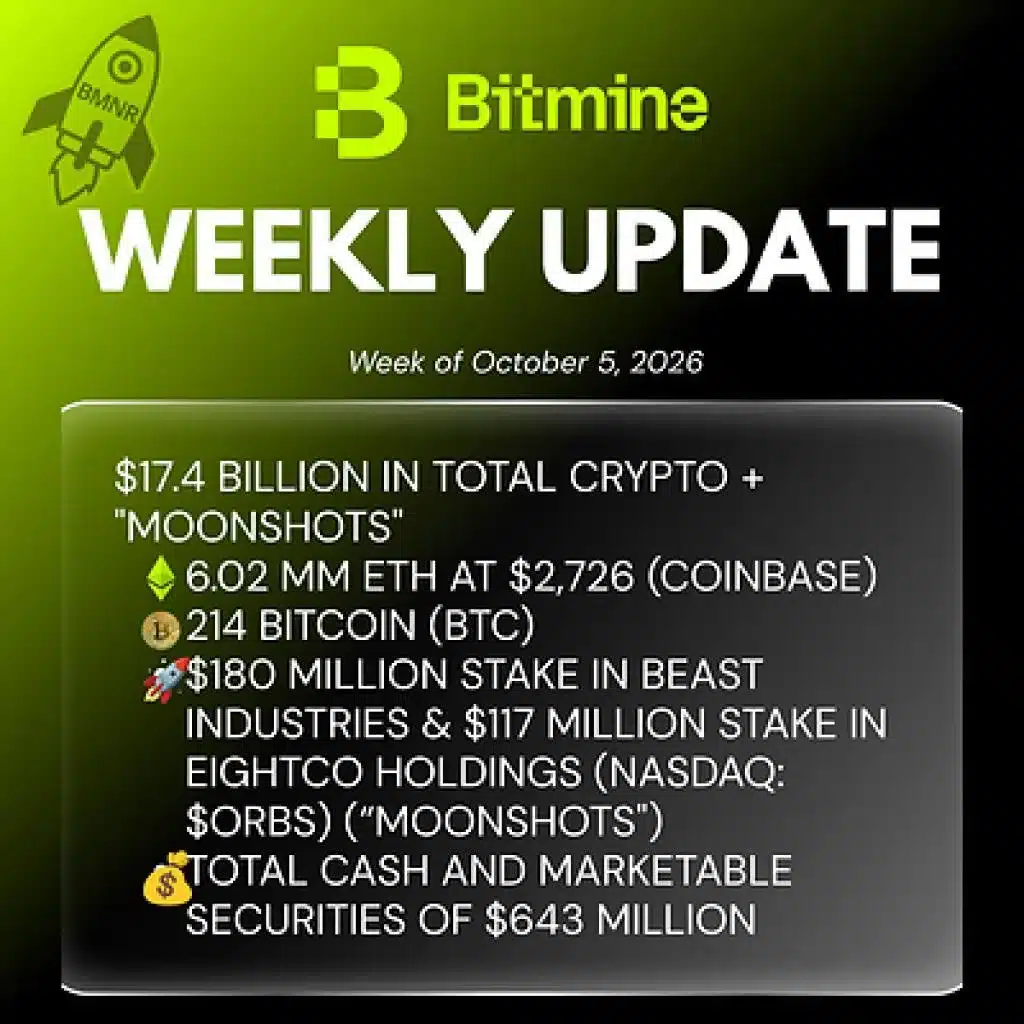 Bitmine Immersion Technologies (BMNR) Announces ETH Holdings Reach 6.02 Million Tokens, and Total Crypto and Total Cash & Marketable Securities Holdings of $17.4 Billion Bitmine Immersion Technologies (BMNR) Announces ETH Holdings Reach 6.02 Million Tokens, and Total Crypto and Total Cash & Marketable Securities Holdings of $17.4 Billion
